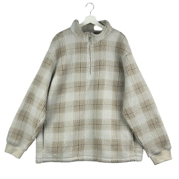 Old Navy Sweatshirt Mens 3XL 1/4 Zip Pullover Beige Sherpa Plaid Fleece - Picture 1 of 16